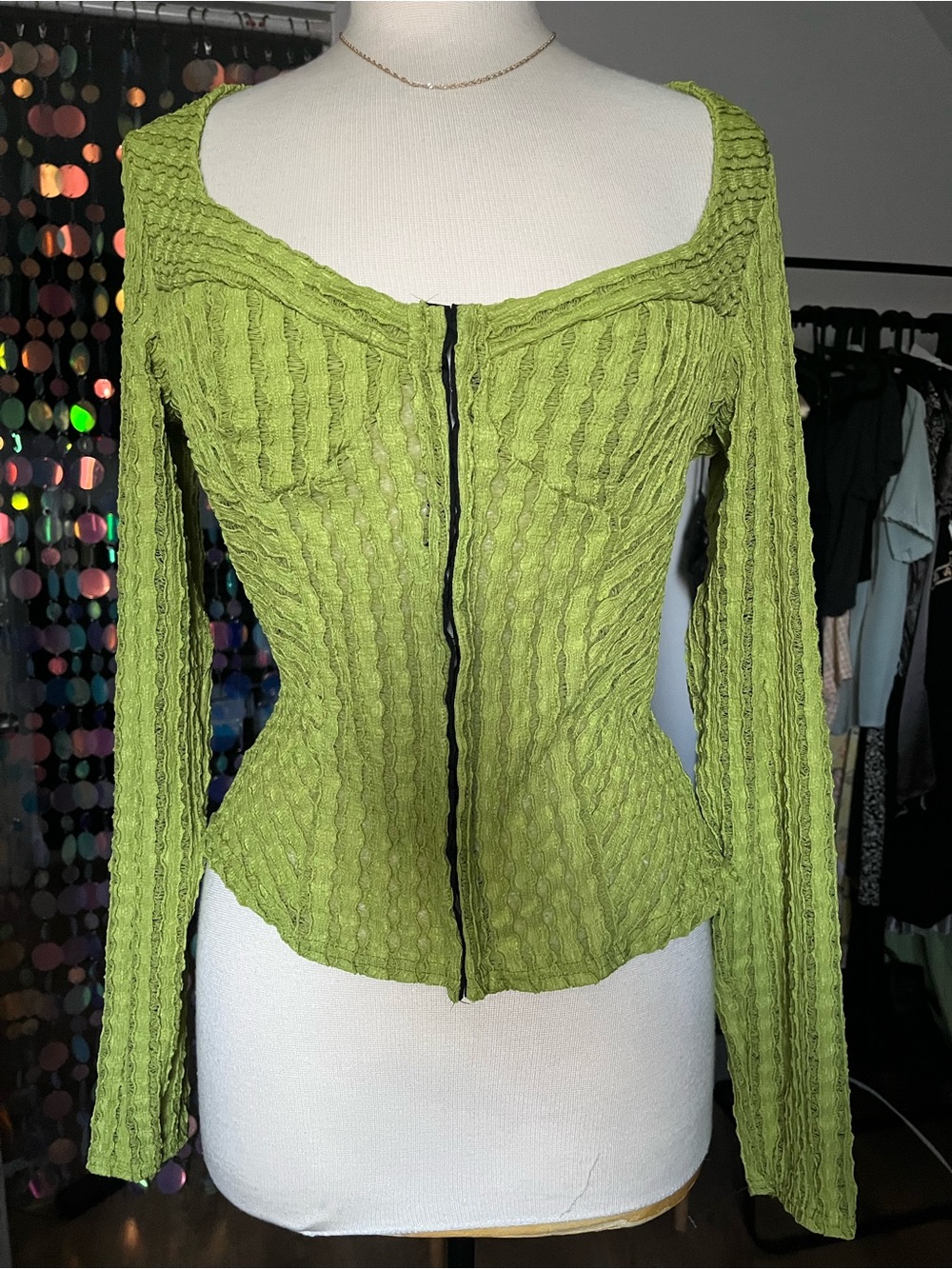 Boohoo Green Lace Corset Long Sleeve Top L